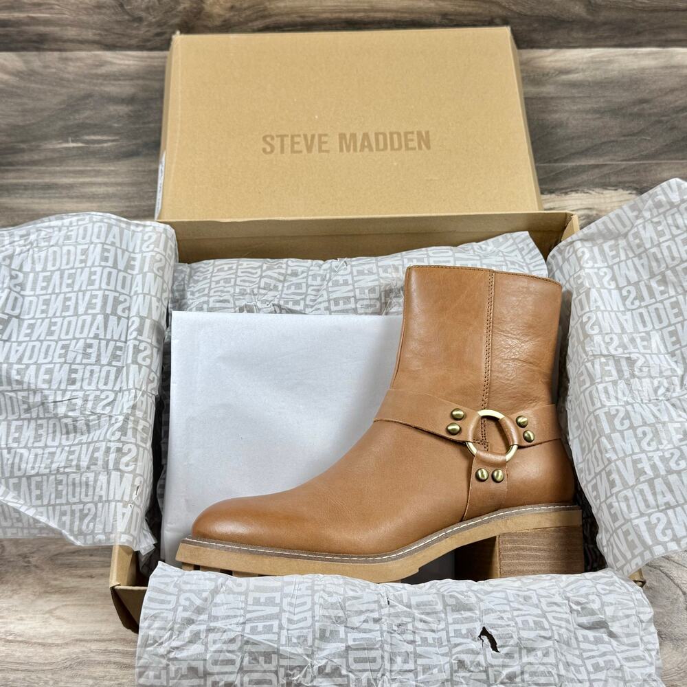 Steve Madden Cordelia 8.5M Cognac Leather Block Heel Harness Biker Ankle Boot - Picture 10 of 12